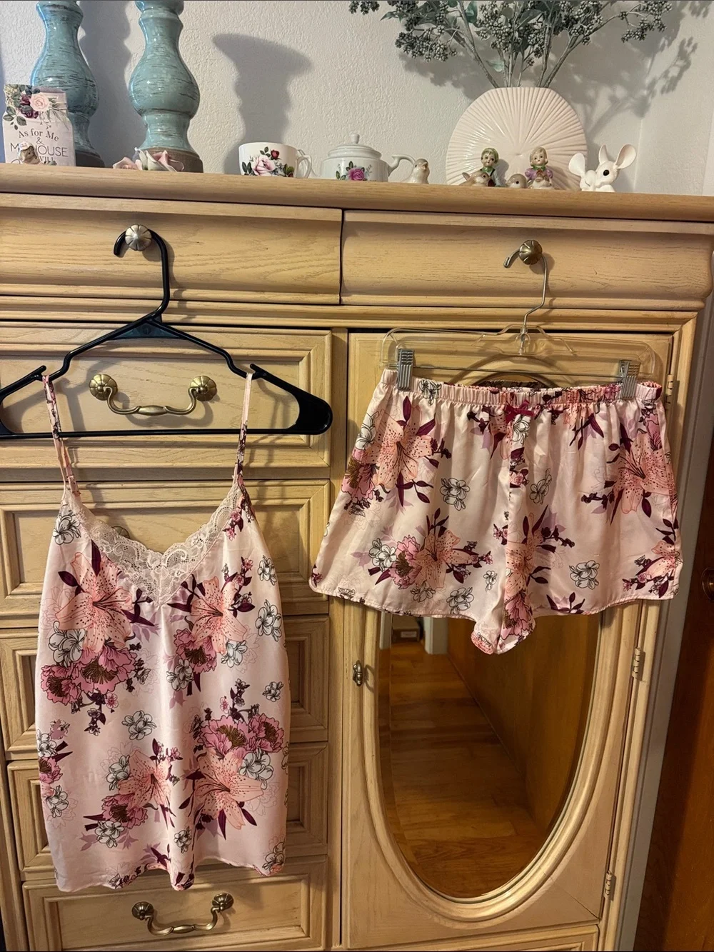 Floral Lace-Trim Pink Satin Camisole & Shorts Sleep Set
